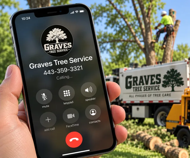 A phone calling Graves Tree Service at 443-359-3321, with a Graves crew truck and a climber working a tree behind it